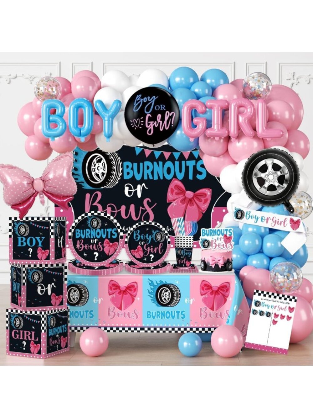 Gender Reveal Party Decorations for 25 Guests - Burnouts or Bows Theme